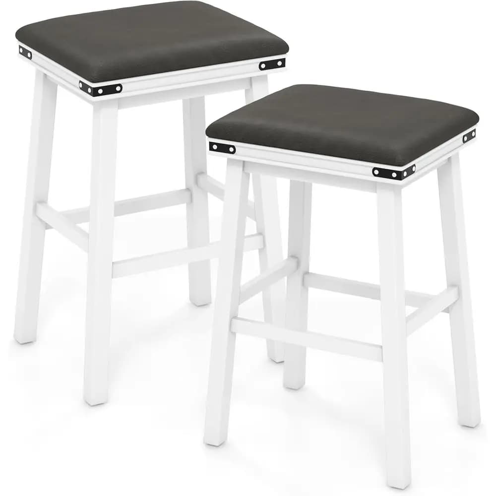 Set di 2 Sgabelli da Bar Bianchi da 30 Pollici Imbottiti con Sedili in Pelle PU e Gambe in Legno Massello per Isola Cucina o Bar Domestico