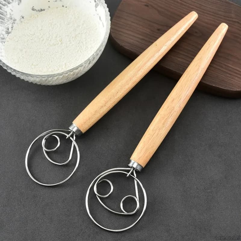 Stainless Steel Egg Beater Flour Coil Agitator Danish Whisk Stick Oak Wood Handle Blender DIY Bread Dough Gadget Bakeware