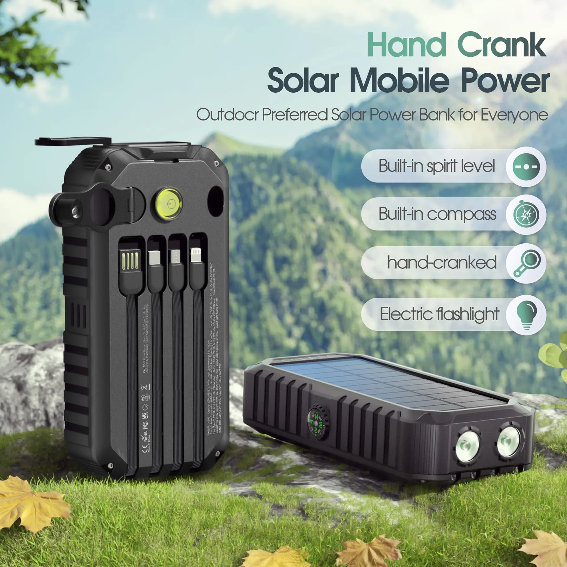 20000mAh Hand Crank Solar Power Bank with Cables LED Light Outdoor External Battery Charger for iPhone Samsung Xiaomi Powerbank