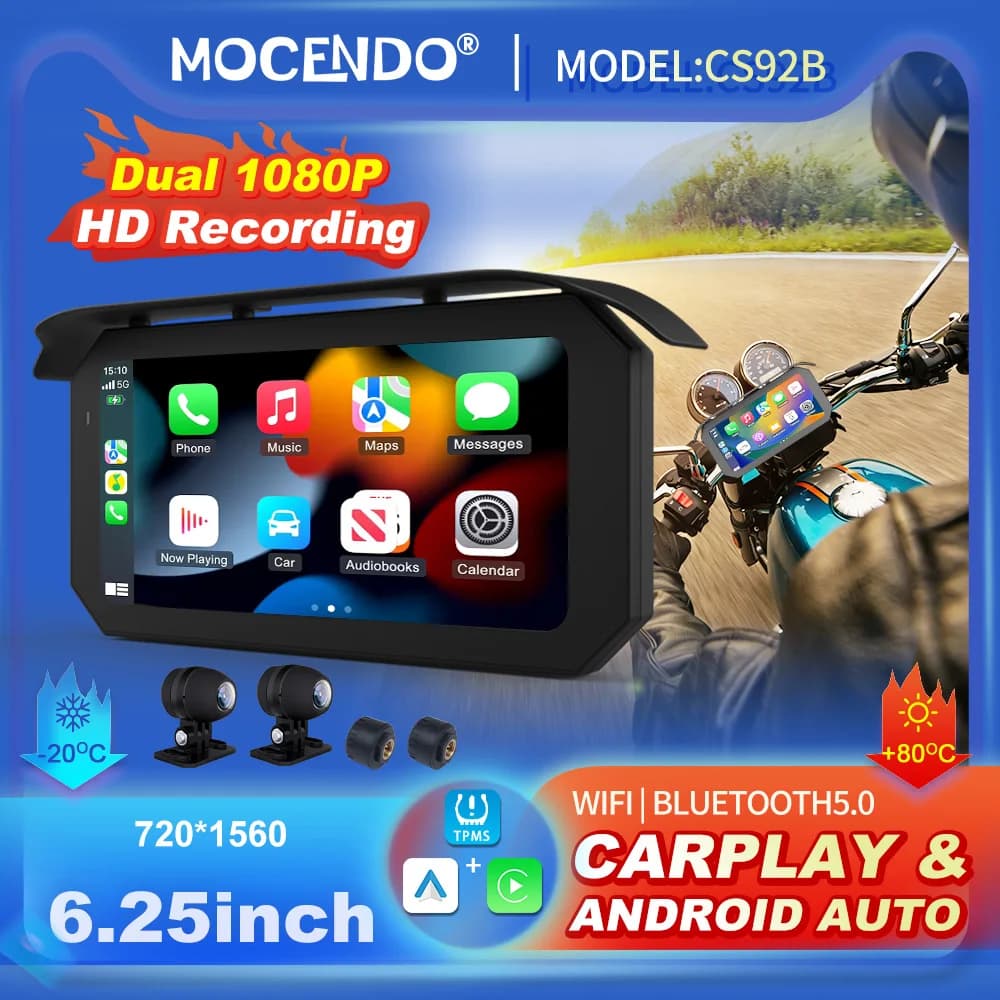 6.25" Motorcycle Dash Cam Dual 1080P Front/Rear, GPS TPMS IP67 Waterproof CarPlay Android Auto CS92B