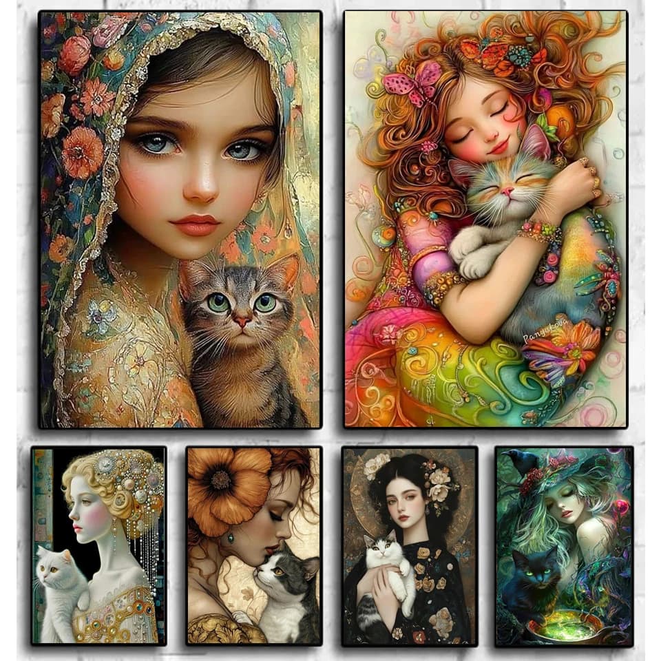 Pittura Diamantata 5D, Ricamo a Punto Croce con Ragazza e Gatto, Paesaggio, Arte Mosaico in Vendita, Decorazione per la Casa