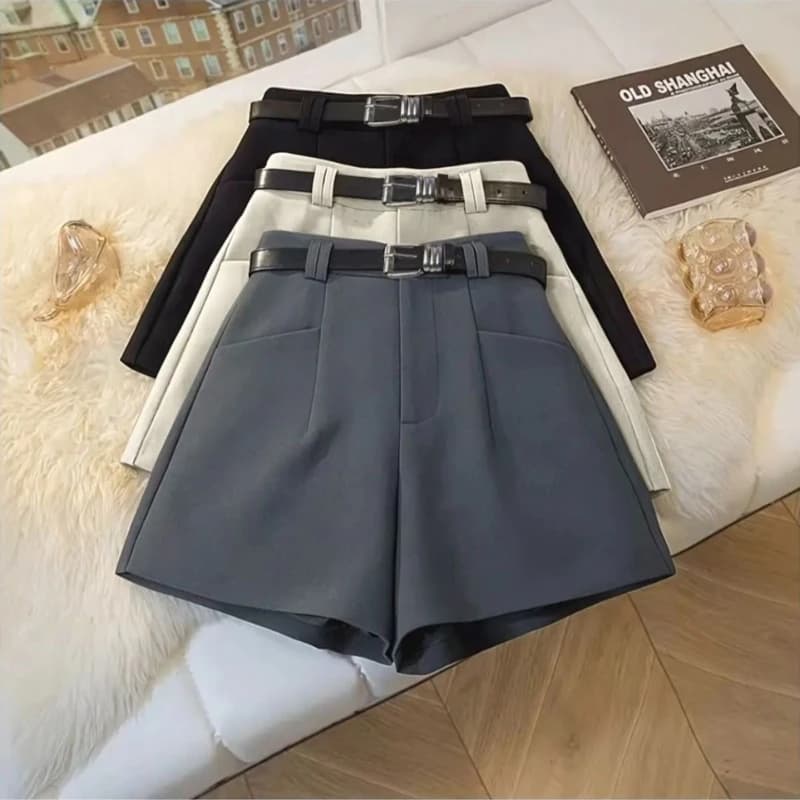 Loose Shorts Suit 2026 Summer New Gift Belt A-shaped Fashion Black Shorts Casual Korean Style Versatile High Waisted Shorts