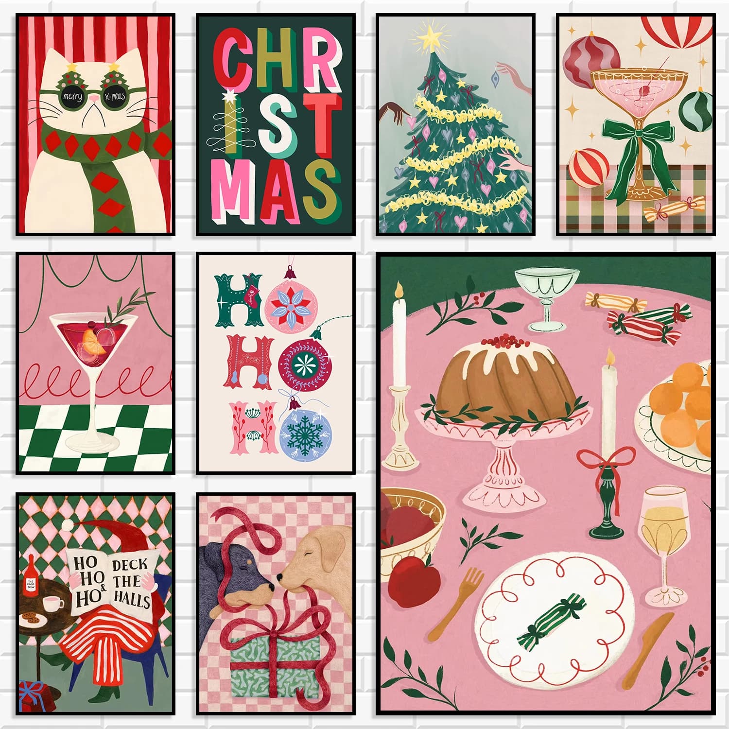 Cute Cartoon Christmas Canvas Wall Art Pink Green Xmas Tree Cat Print Holiday Bedroom Living Room Aesthetic Home Decor Poster