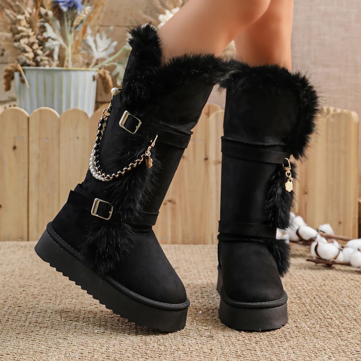 Snow Boots 2026 with Belt Buckle, Tall Winter Shoes with Thick Soles and Plush Lining for Warmth