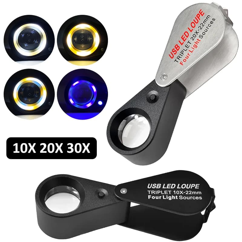 Lente d'ingrandimento tascabile 10X 20X 30X Lente d'ingrandimento pieghevole in metallo Lente d'ingrandimento portatile piccola per identificazione gioielli con 13 LED
