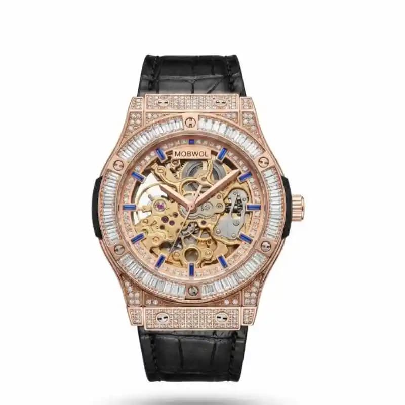 MOBWOL Rose Gold Skeleton Mechanical Watch Automatic Luxury Clock with Date Display Miyota Movement Diamonds Leather Strap