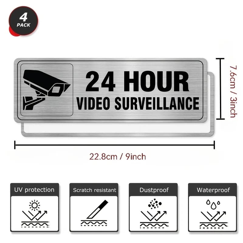 Targhe in alluminio per videosorveglianza 24 ore su 24 - Targhe per porte/parete in metallo, argento, per decorazioni murali di sicurezza commerciali e ristoranti