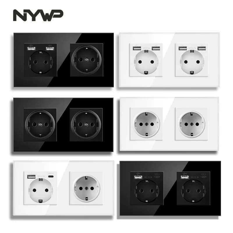 Presa di corrente da 16 A con pannello in vetro a parete NYWP, presa multipla standard UE, con 2 porte di ricarica USB, con copertura impermeabile