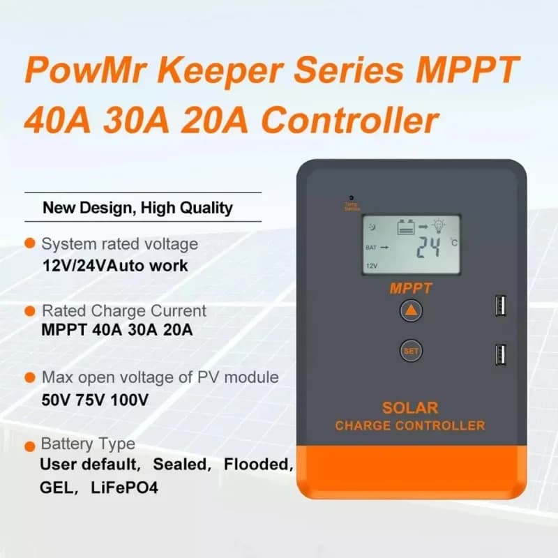 Regolatore di Carica Solare MPPT PowMr 40A/30A/20A, Max PV 100V/70V/50V, Auto 12V 24V, Doppia USB, Display LCD, Regolatore Solare US