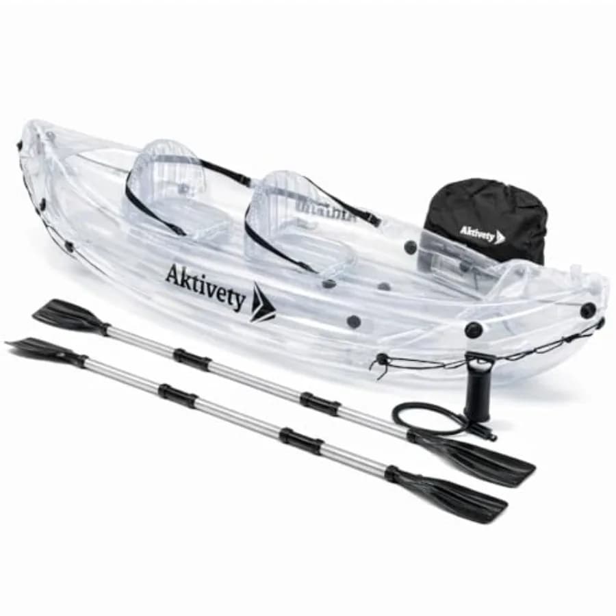 Clear Kayak for Two Adults - Transparent Inflatable Tandem with Adjustable Seats, Pump, Paddles, Carry Bag Tracking Fin - See-T