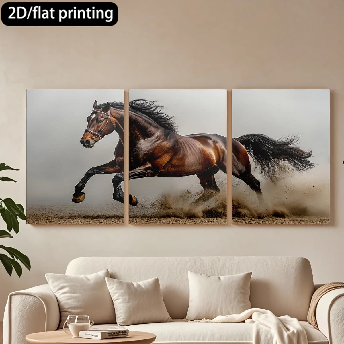 Set of 3 Squares on Canvas with Wooden Frame, Elegant Brown Horse in Race, Dynamic Art for Corridor Decoration and Bedrooms
