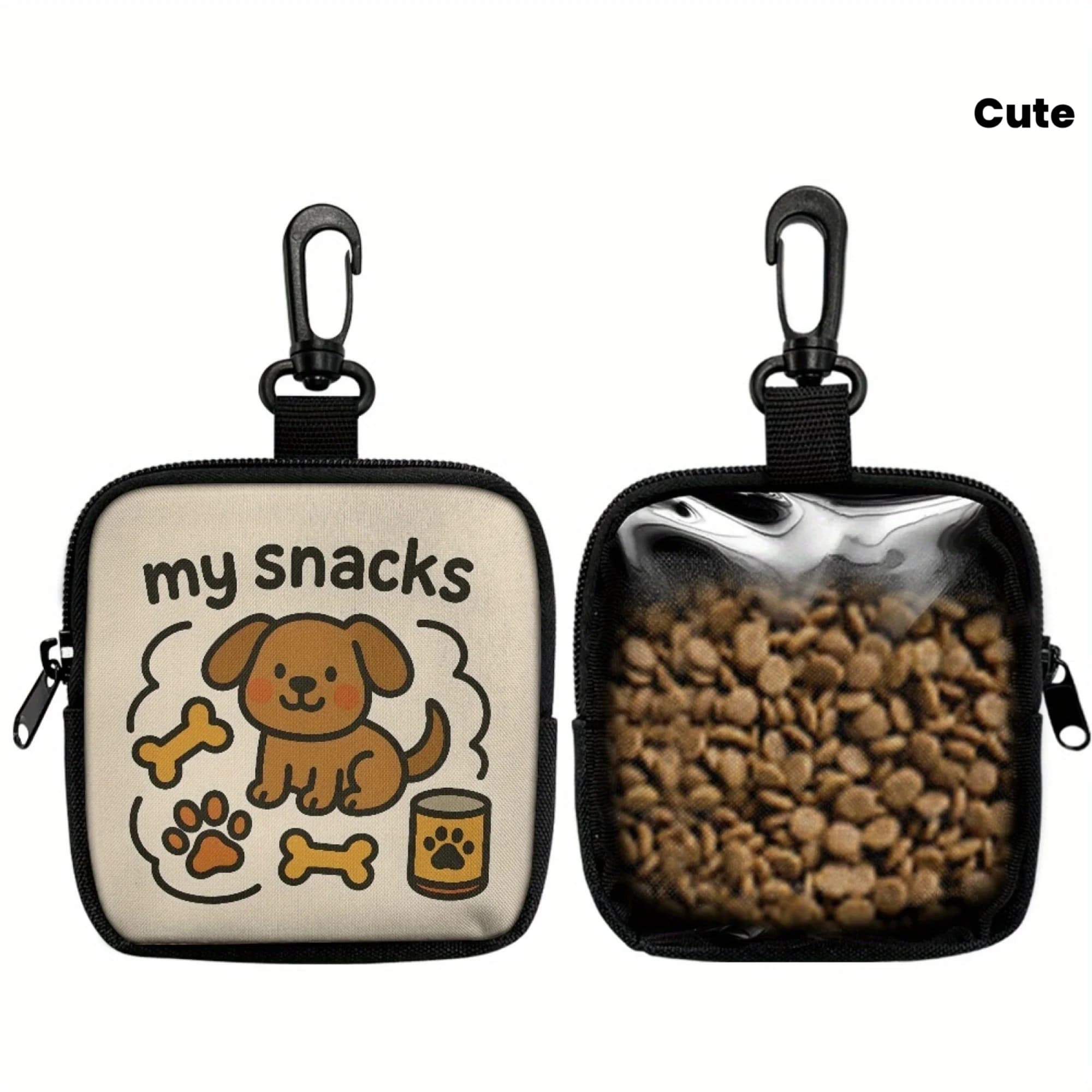 1 graziosa borsa per snack per cani con stampa di cani, borsa per snack per cani con gancio e cerniera, borsa per addestramento cuccioli, borsa portatile per snack per cani