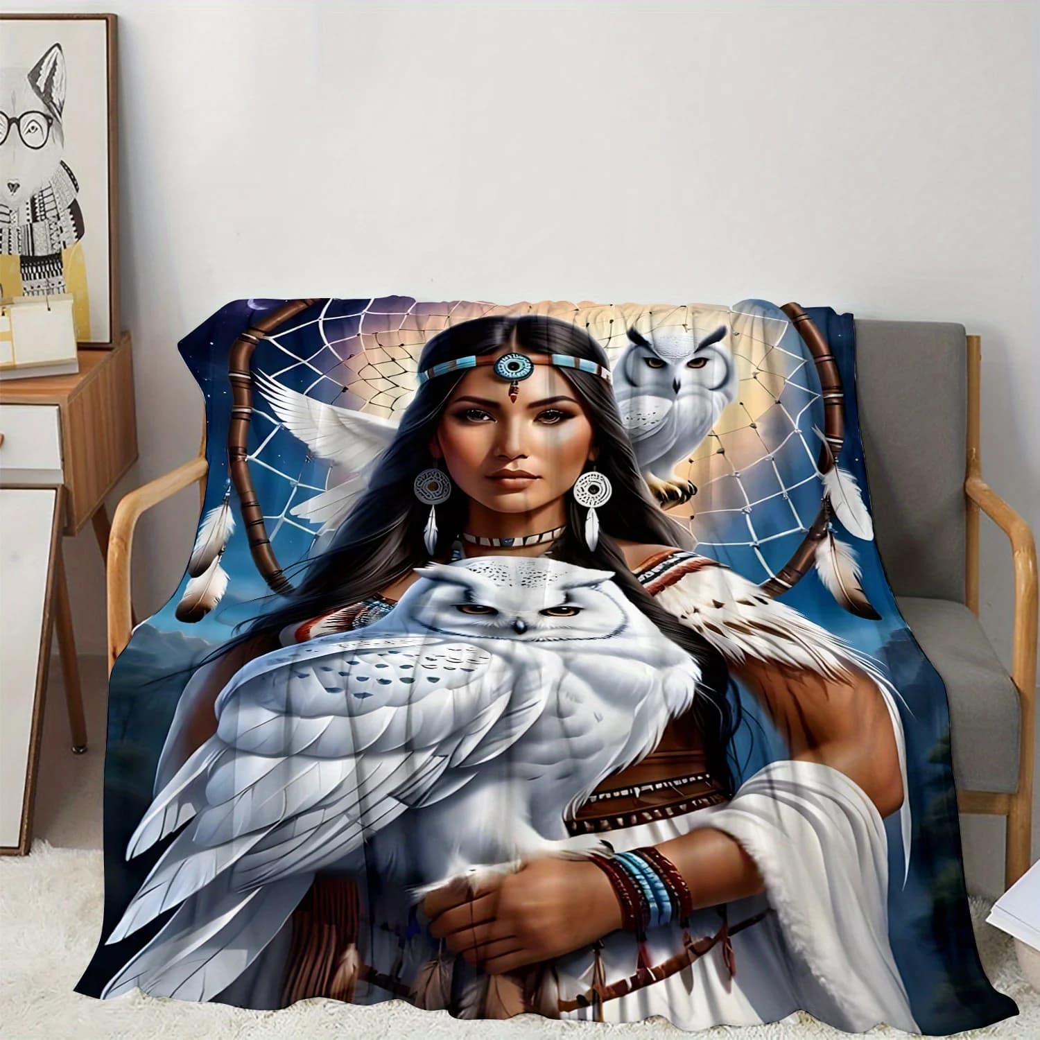 Top Pick Eagle Queen Dreamcatcher Blanket - 200-250g Owl Print All-Season Sofa Camping Travel Throw