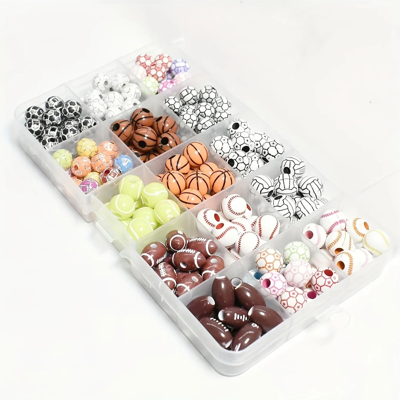 150-180pcs， Various sports styles, ball beads, rugby, baseball, football, volleyball, tennis set boxes for DIY production