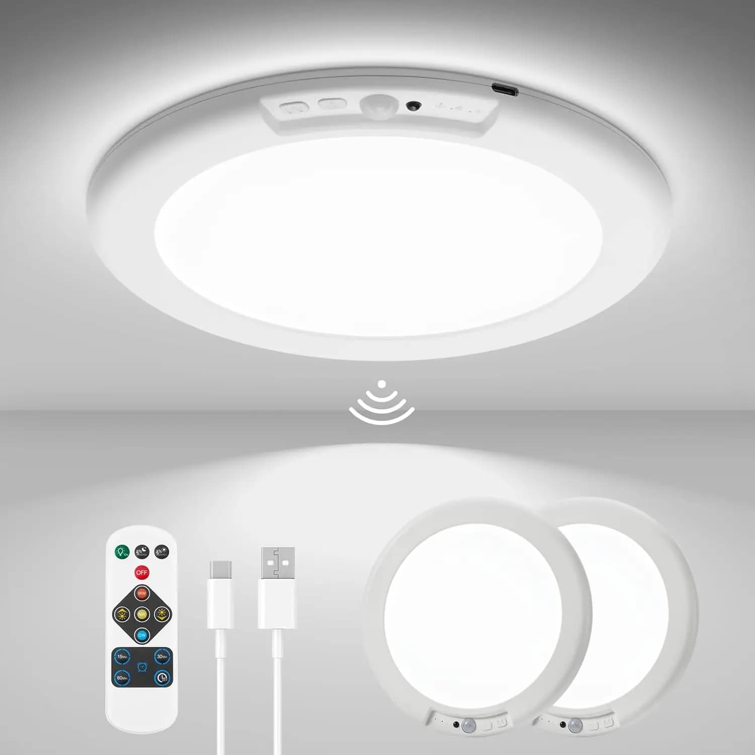 Luci da Soffitto Ricaricabili con Sensore di Movimento e Telecomando, Dimmerabili con Timer per Armadio e Doccia, 3000K-6500K