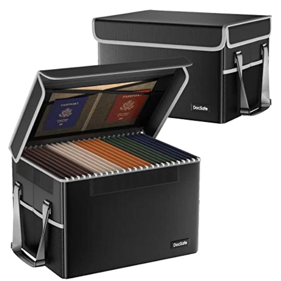File Box Fireproof File Storage Organizer with Lid, Collapsible Document Storage Filing Case for Hanging Letter/Legal Folders,