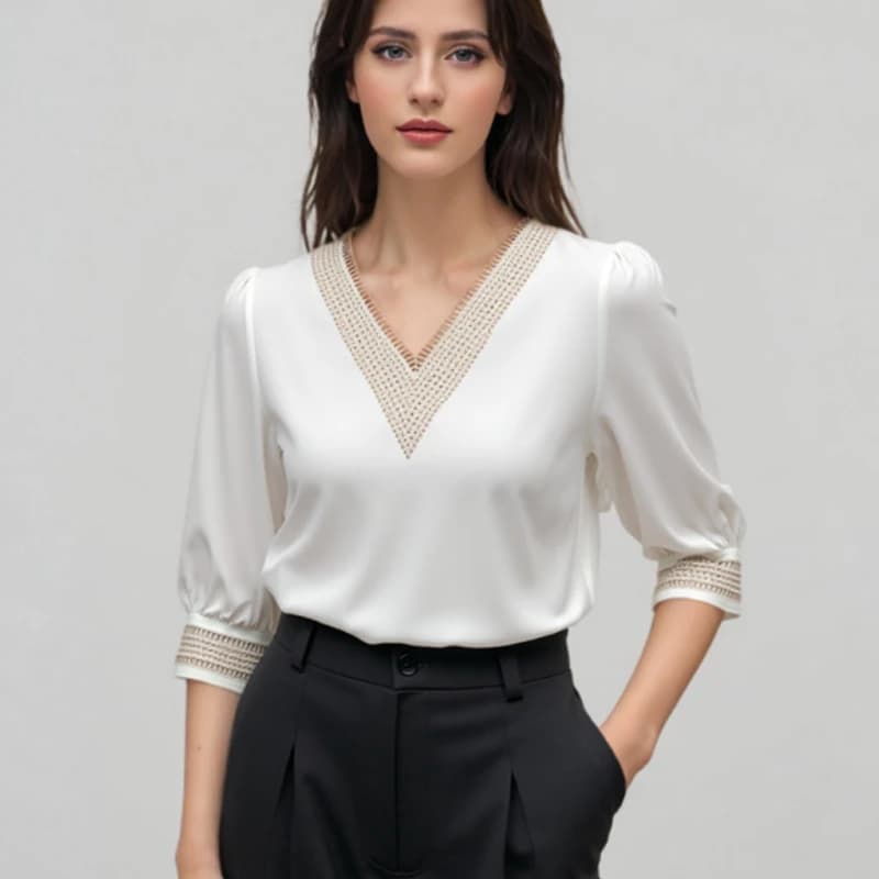 2025 Half sleeve white women's blouse with elegant embroidery Women's blouses in loose chiffon with V neck casual lace shirt 13366