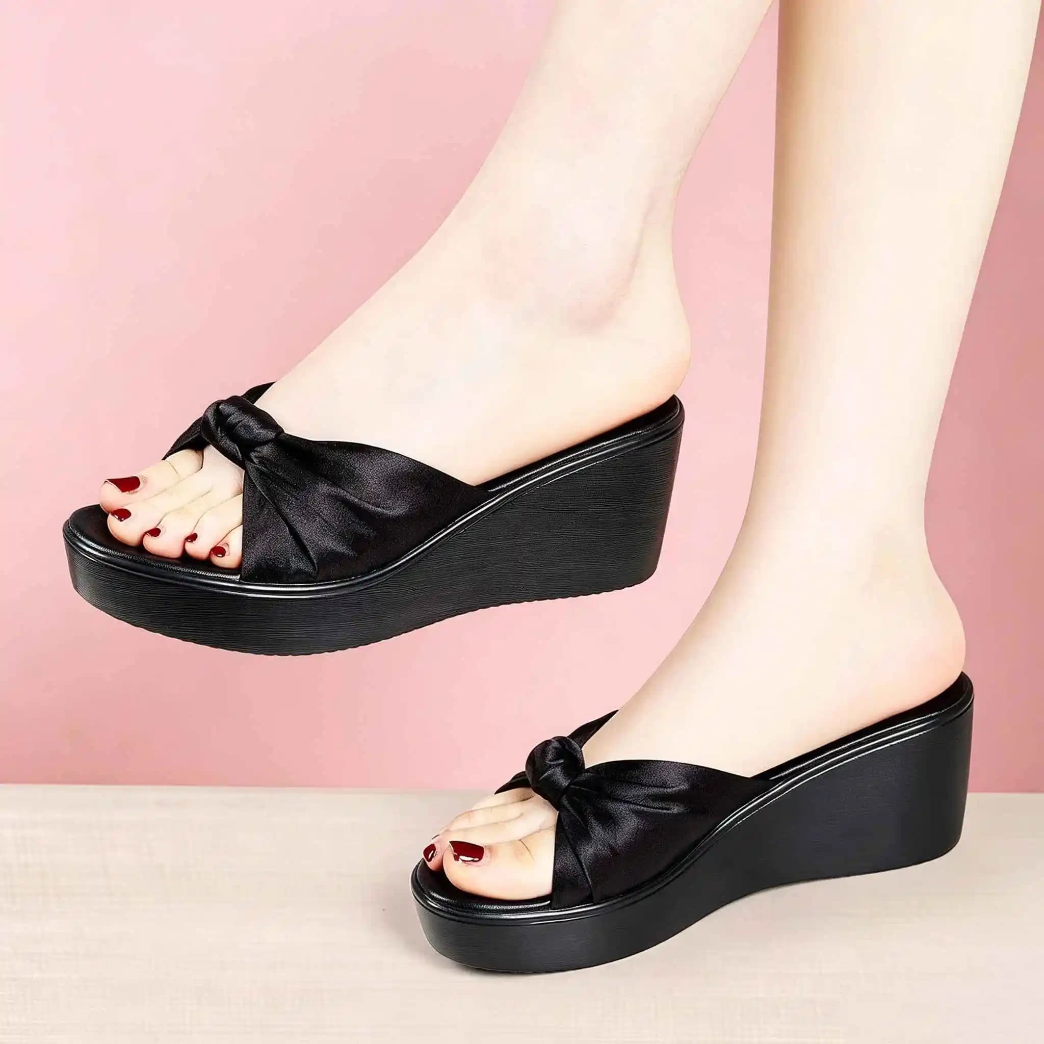 6cm Small Big Size 32-43 Comfortable Sweet Bow Slippers Genuine Leather Shoes Summer 2026 Med Heel Flat Platform Slides Office