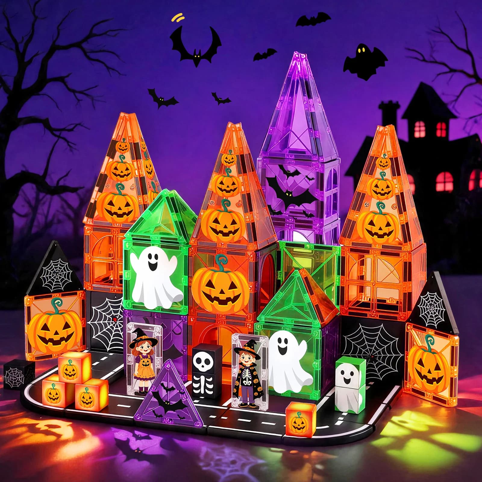 60PCS Halloween themed toy magnetic tiles with rich and beautiful painted patterns, stacked DIY large-sized magnetic block toys to stimulate creativity, birthday study gifts, Halloween Christmas, New Year gifts