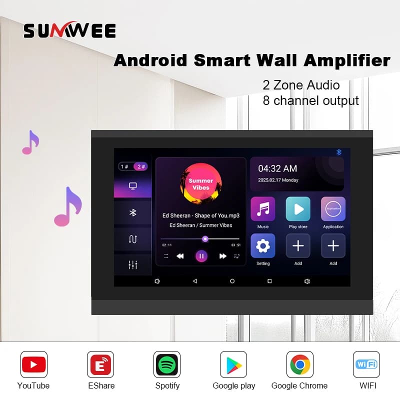 Lettore musicale di sottofondo per casa intelligente da 7 pollici Suono stereo Touch screen WIFI Audio a 2 zone Sistemi di amplificatori da parete Bluetooth Android