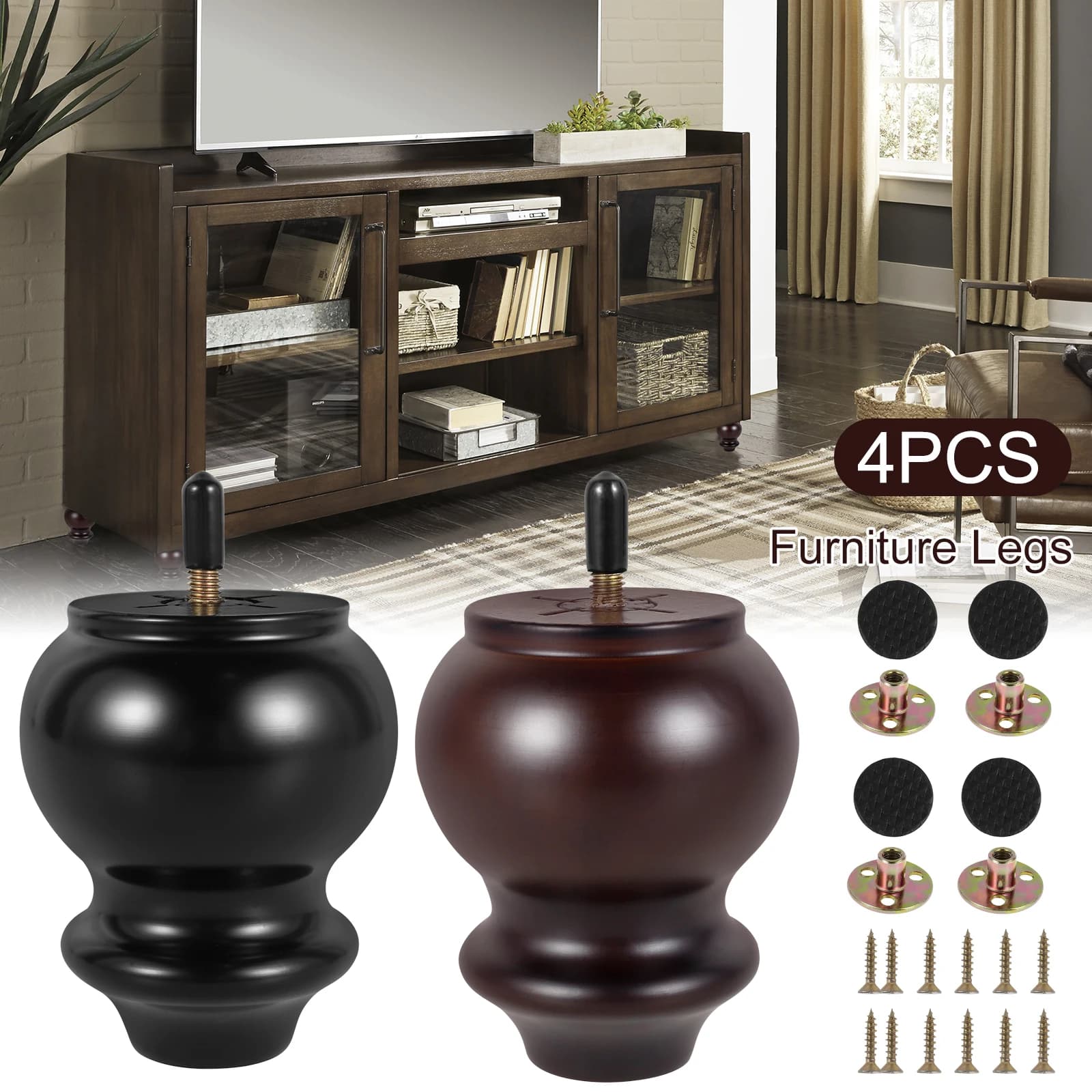 4Pcs Furniture Leg Set Solid Wood Sofa Legs Replacement Feet Fittings Height 4 Inch Coffee Table TV Cabinet Wooden Legs