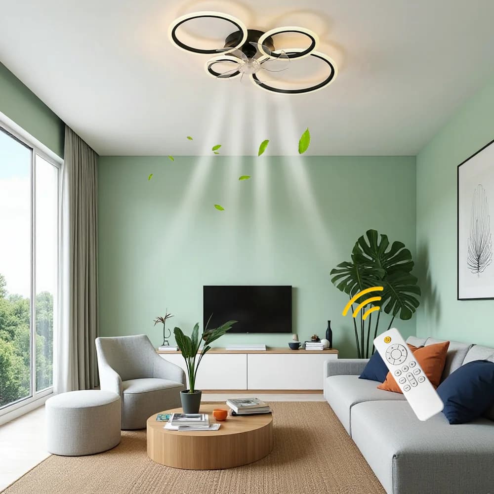 Four-ring ceiling fan light with three light colors, stepless dimming, 6 adjustable fan speed settings, and a timer function. The reversible motor makes it suitable for both summer and winter use. Ideal for bedrooms, above dining tables, home offices,