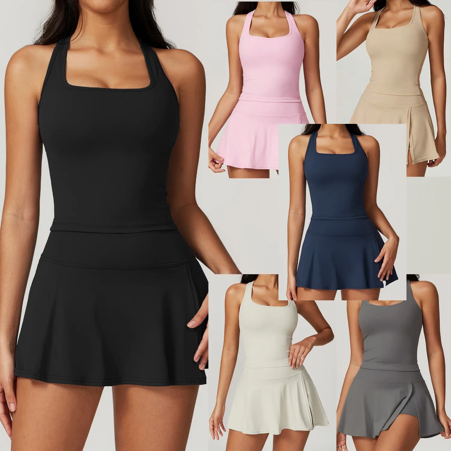 Completo da tennis da donna 2 pezzi: Top corto racerback e minigonna con spacco laterale, ideale per allenamento e golf