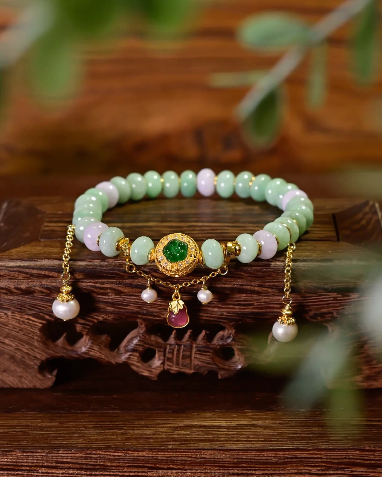 Bracciale in giadeite naturale di grado A: perline floreali verde lavanda e pisello con ciondolo in zucca, gioielli in stile cinese premium