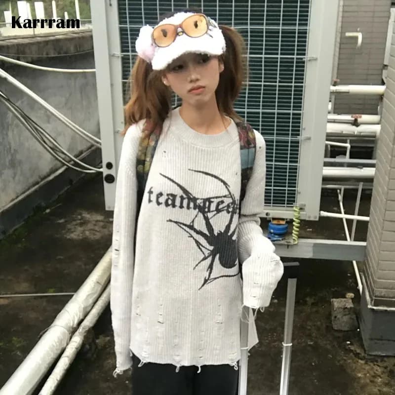 Karrram maglione strappato giapponese Y2k Vintage Gothic Spider Print Pullover lavorato a maglia Trashy 2000s Style Distressed Jumper Grunge anni '90
