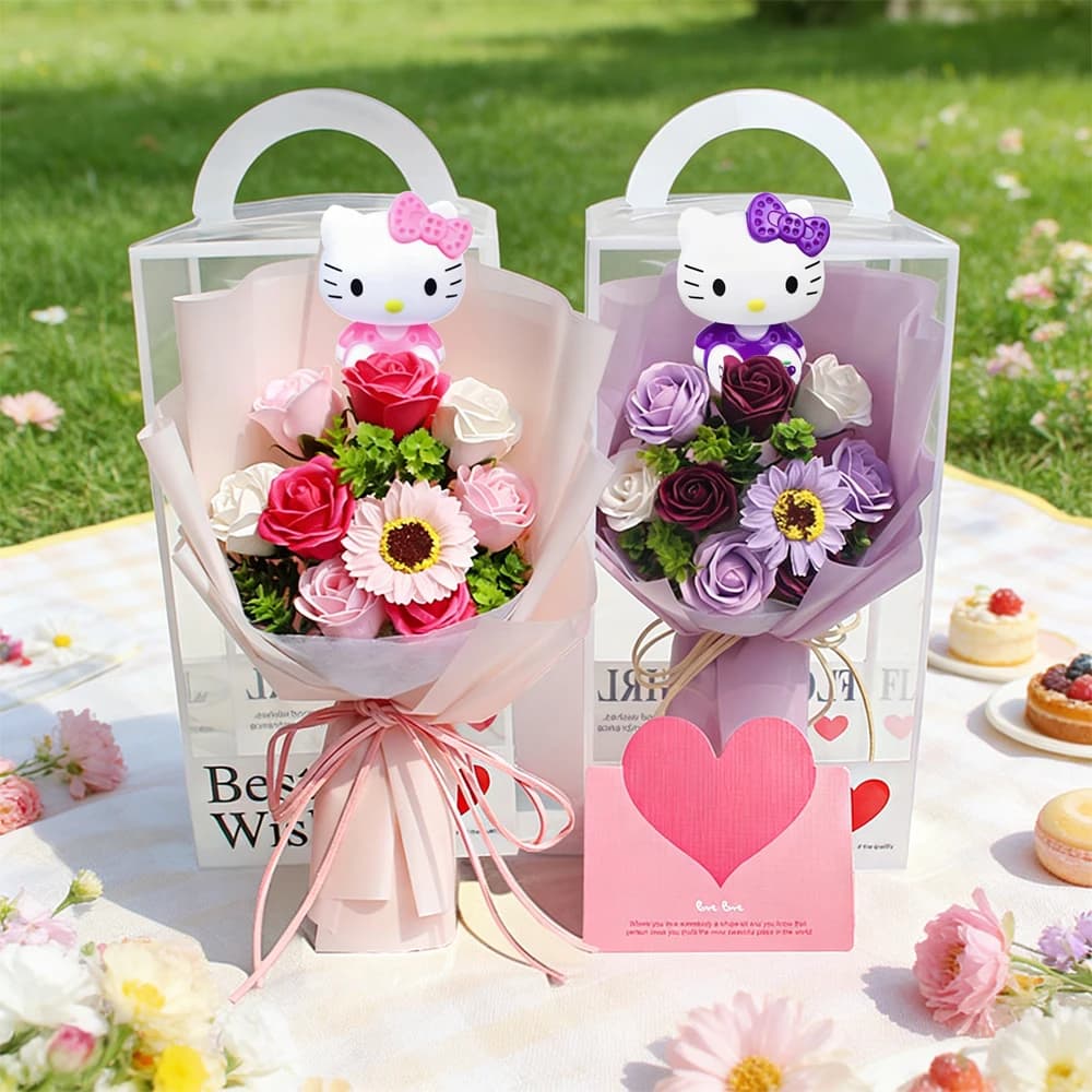 Gift Box with Realistic Flowers Sanrio, Rose Bouquet Hello Kitty, Realistic Sunflower, Hello Kitty Creative Flower, Desk Decoration