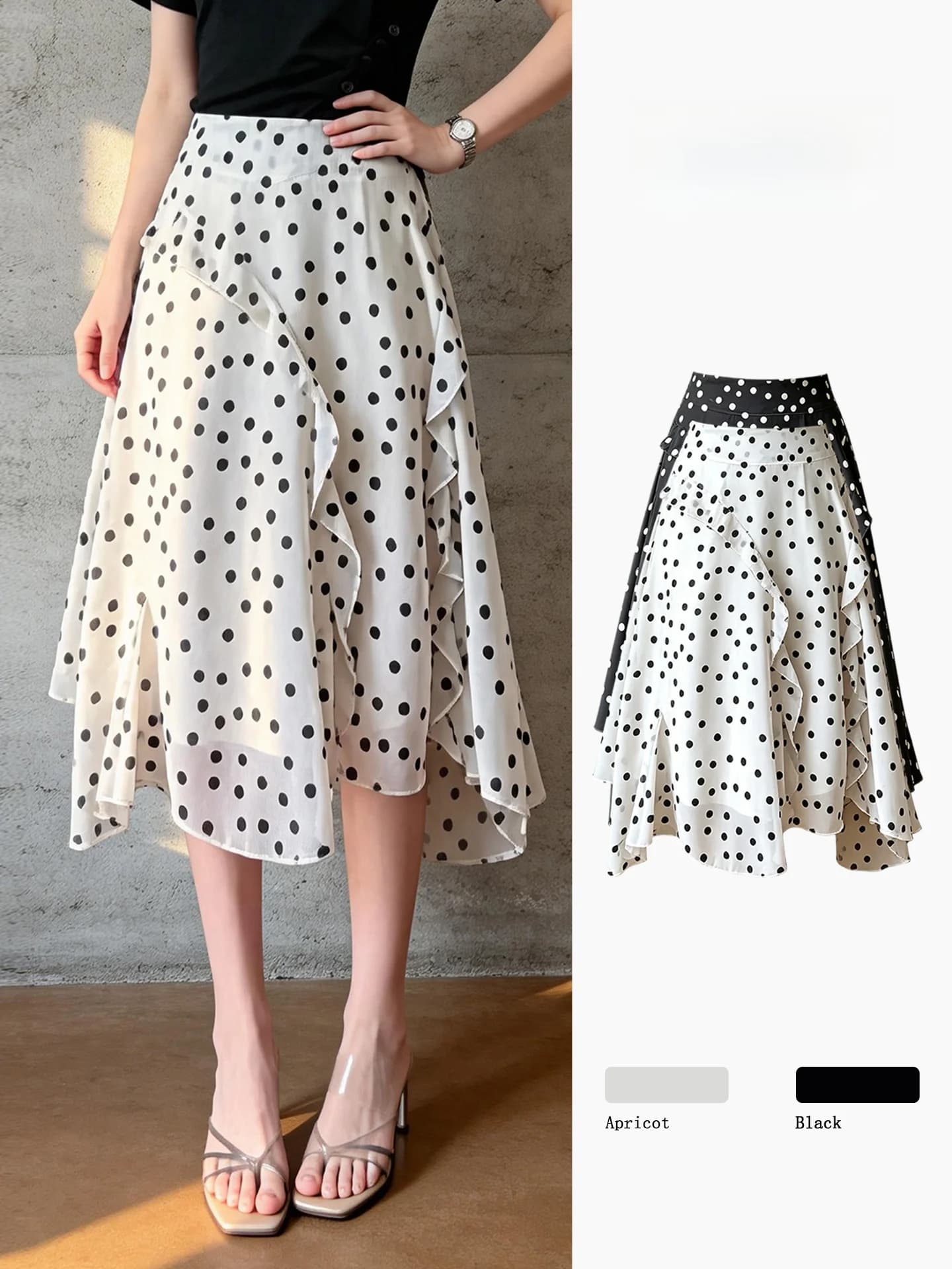 High Waist Asymmetrical A-Line Skirt Women's Summer New Style Slimming Polka Dot Half-length Skirt with Lace Hem Premium Feel...