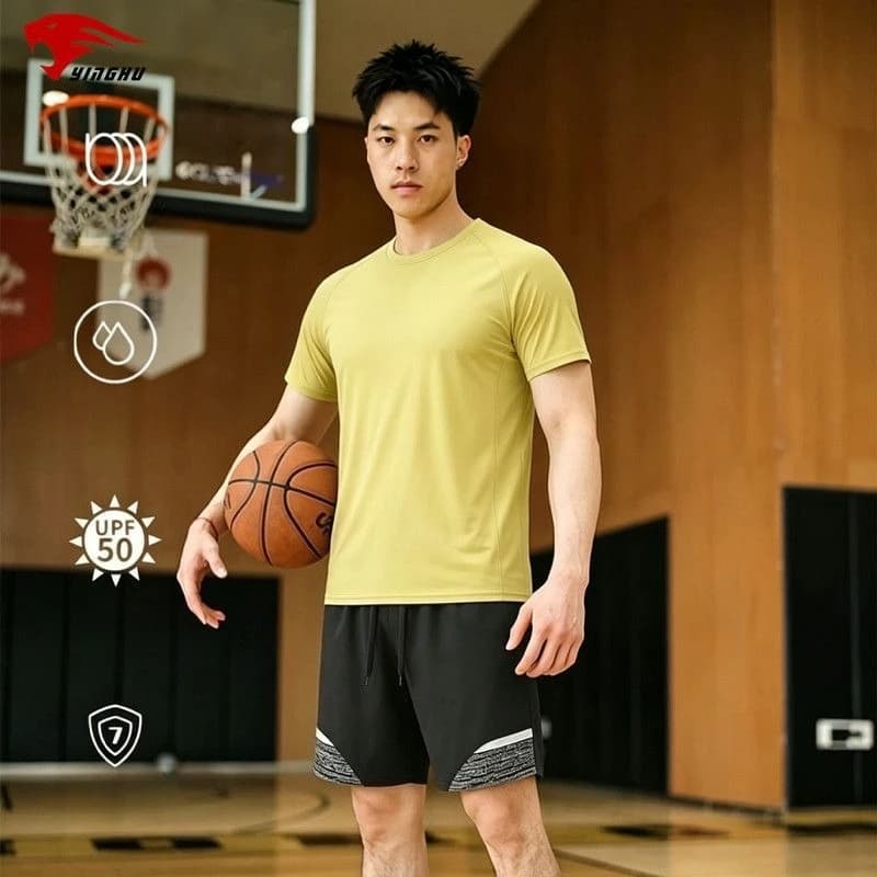 Fitness Suit Athletic O-Neck Slim Fit Tee Moisture Wicking Compression Shorts Stretchy Comfortable Yoga Outdoor Sports Wear