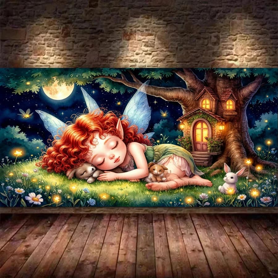 Kit Pittura Diamante Fai da Te Grande Formato, Nuovo, Elfi Cartoon Dormienti, Casa delle Fate Notturna, Quadro Ricamato a Mosaico con Copertura Totale