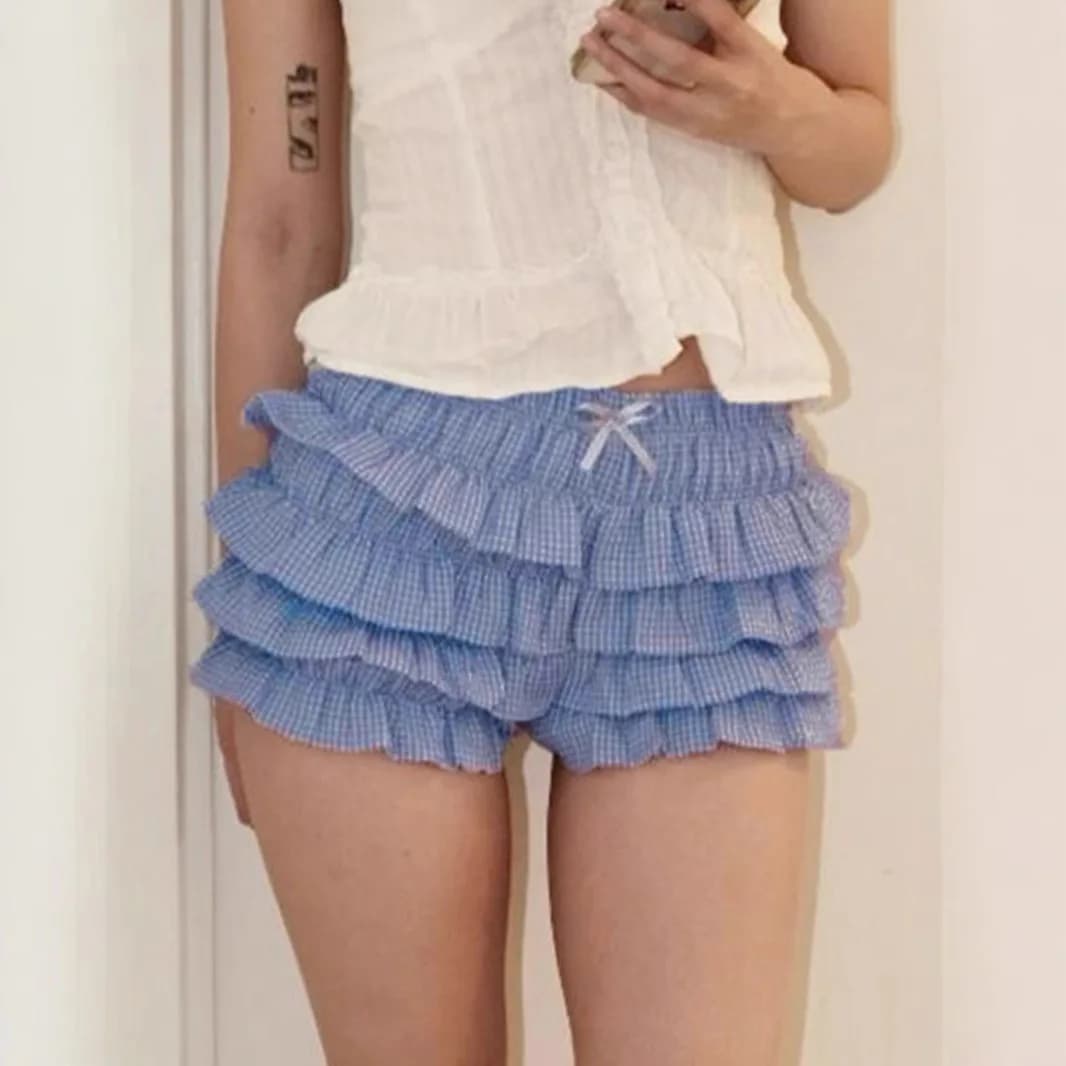Pantaloncini con gonna a torta a strati scozzesi da ragazza Pantaloncini casual estivi elastici a vita bassa con fiocco Nuovo