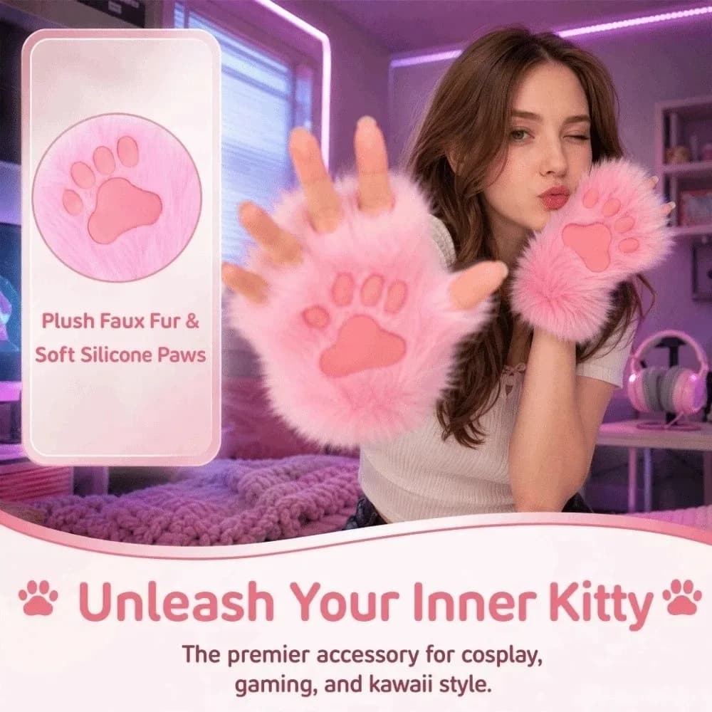 Silicone Soft Pad Long Hair Paw Gloves Thicken Cat Dog Wolf Animal Paw Gloves Warm Kawaii Furry Fursuit Kigurumi Gloves