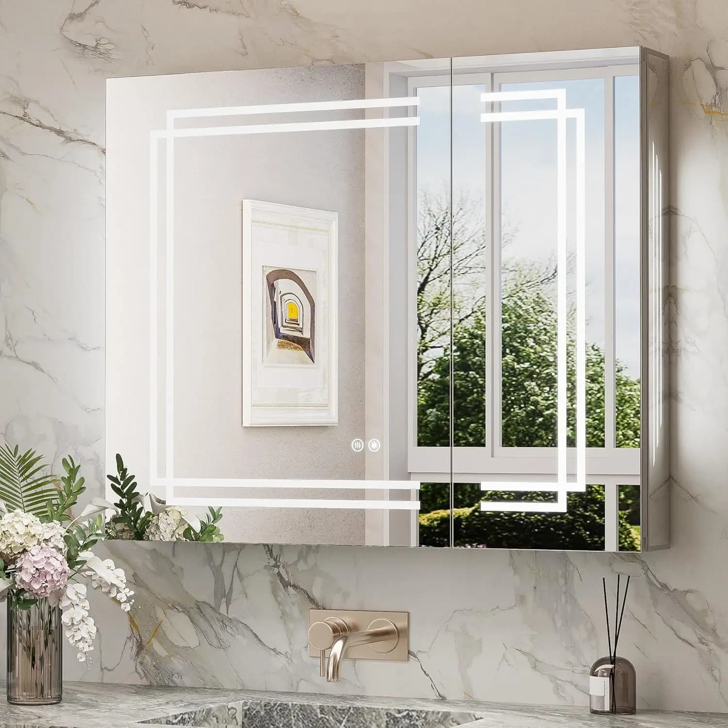 Armadietto da Bagno con Specchio Illuminato a LED e Vano Portaoggetti in Vetro Temperato