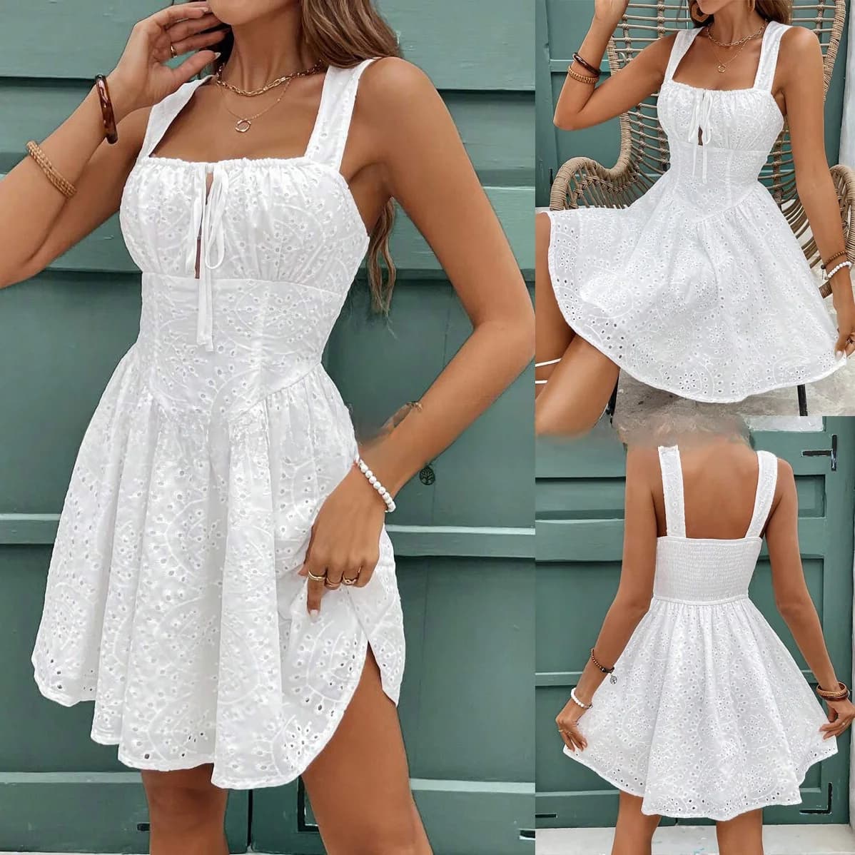 Elegant Party Dress Sexy Girl Embroidered White Pleated Strap Vest Short Bubble Skirt High Waist Spring Summer New Arrival