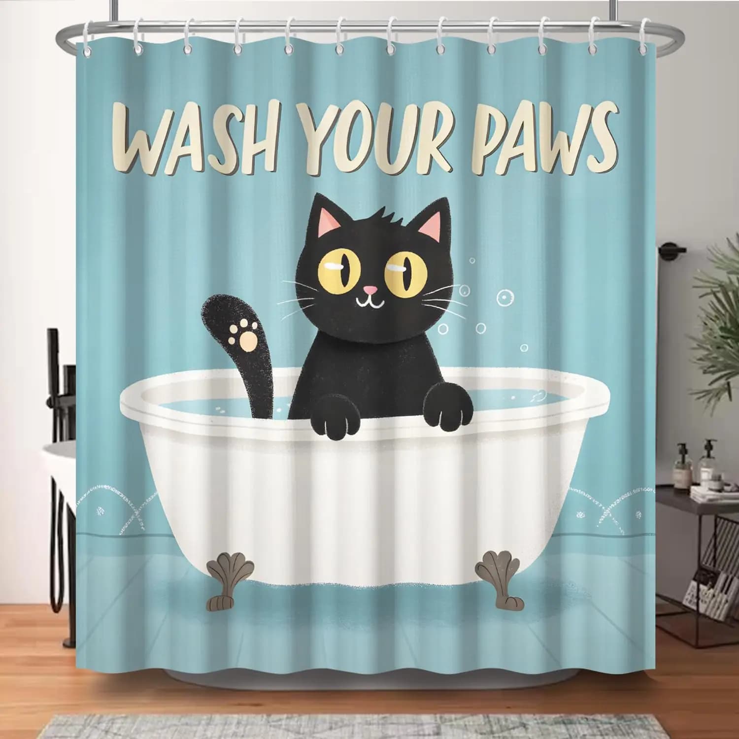 Tenda da doccia in tessuto impermeabile, tenda da bagno con stampa animalier simpatico gatto nero per bambini, divertente tenda da bagno con ganci per il bagno