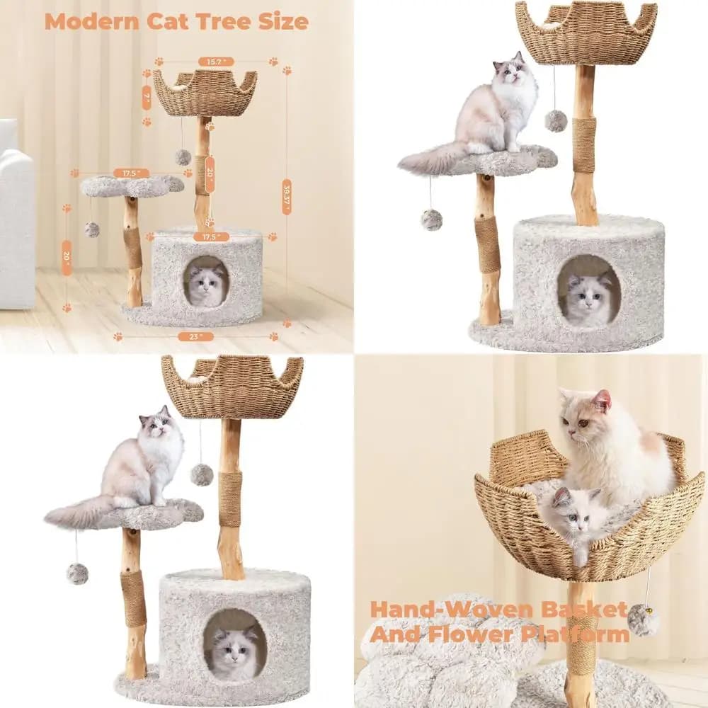 Torre per gatti di lusso in legno con tiragraffi per gatti di grandi dimensioni, condominio estetico per gatti con parte superiore floreale di Easy (capelli di coniglio, grigio proiettile)