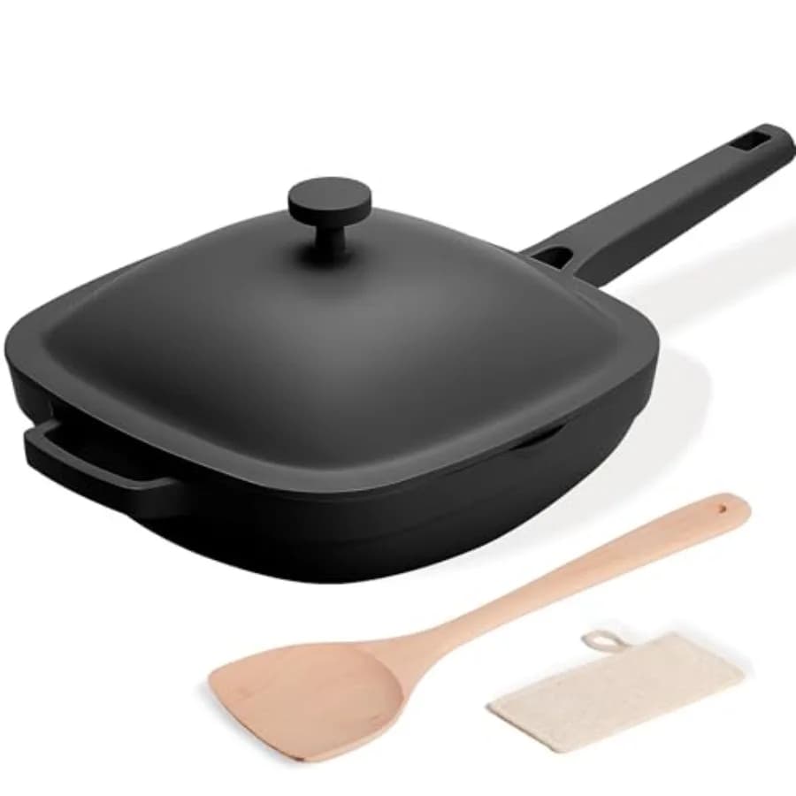Padella in Ceramica da 10,5 Pollici 3,8QT con Coperchio, Antiaderente, in Alluminio Pressofuso, Profonda, con Rivestimento Ti-Ceramic Non Tossico e Manico in Legno