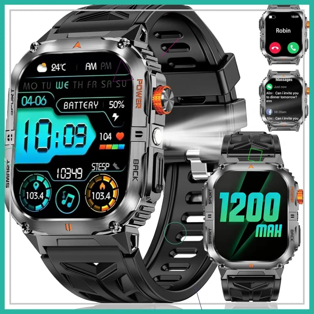 Smartwatch da uomo con display HD da 2,01 pollici, batteria da 1200 mAh, chiamate Bluetooth, fitness tracker