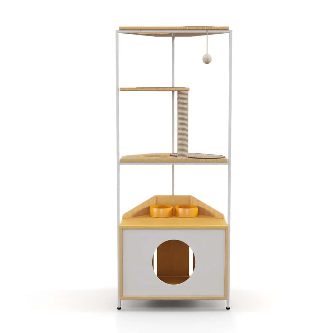 Corner Cat Tree with Feeding Station, Space-Saving Cat Condo Furniture with Scratching Post & Climbing Platforms, Anti-Tip Indoor Cat Tower for Apartments