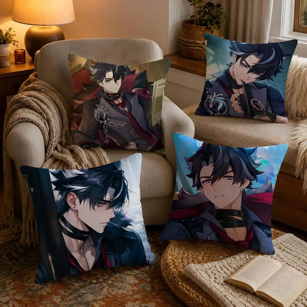 Genshin Impact W-Wriothesley Pillow Case Soft Plush Cushion Cover Double Print and Invisible Zipper for Sofa Home Car Use