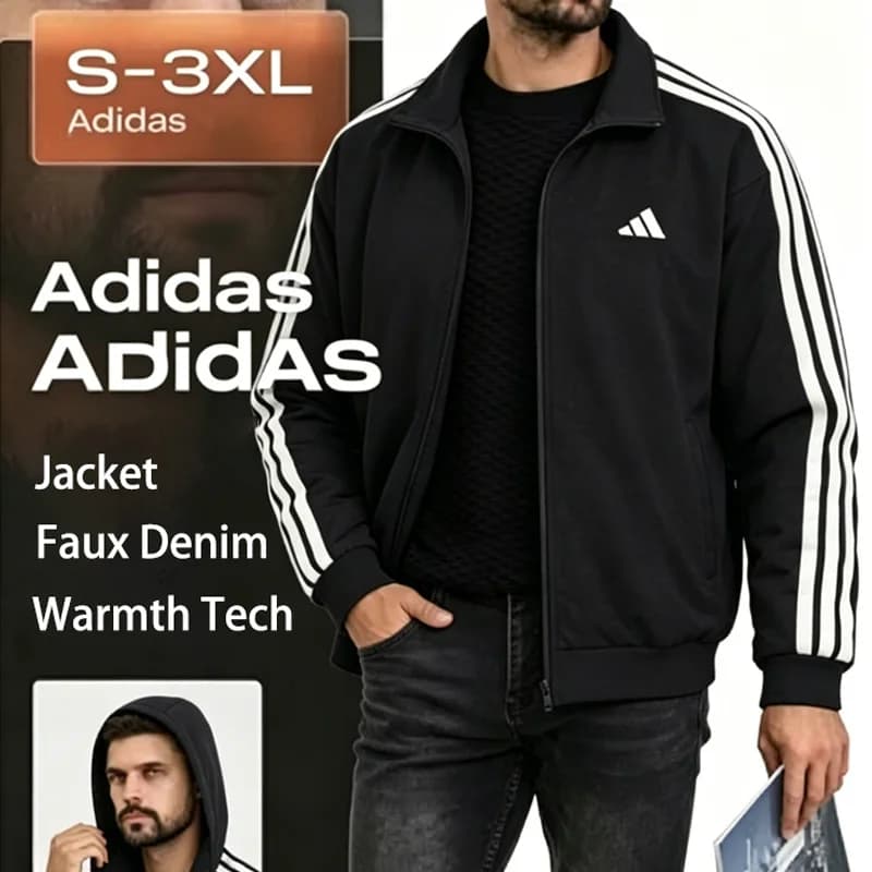 Giacca sportiva da uomo Adidas 100% autentica, design a inserti, nera, con zip intera, KR2488