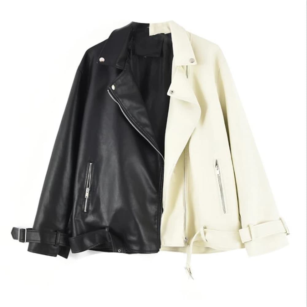 Giacca in pelle Pu con giunture con risvolto primavera autunno Donna Moto Frenulum Cappotto in finta pelle morbida Capispalla allentato casual con cintura Primavera