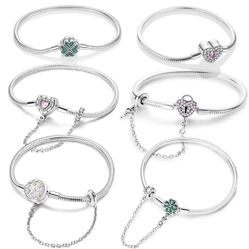 Bracciale Originale in Argento 925 con Trifoglio e Cuore, Catena a Serpente, Compatibile con Charms e Perline, Gioiello Regalo Fai-da-Te per Donna, Matrimonio