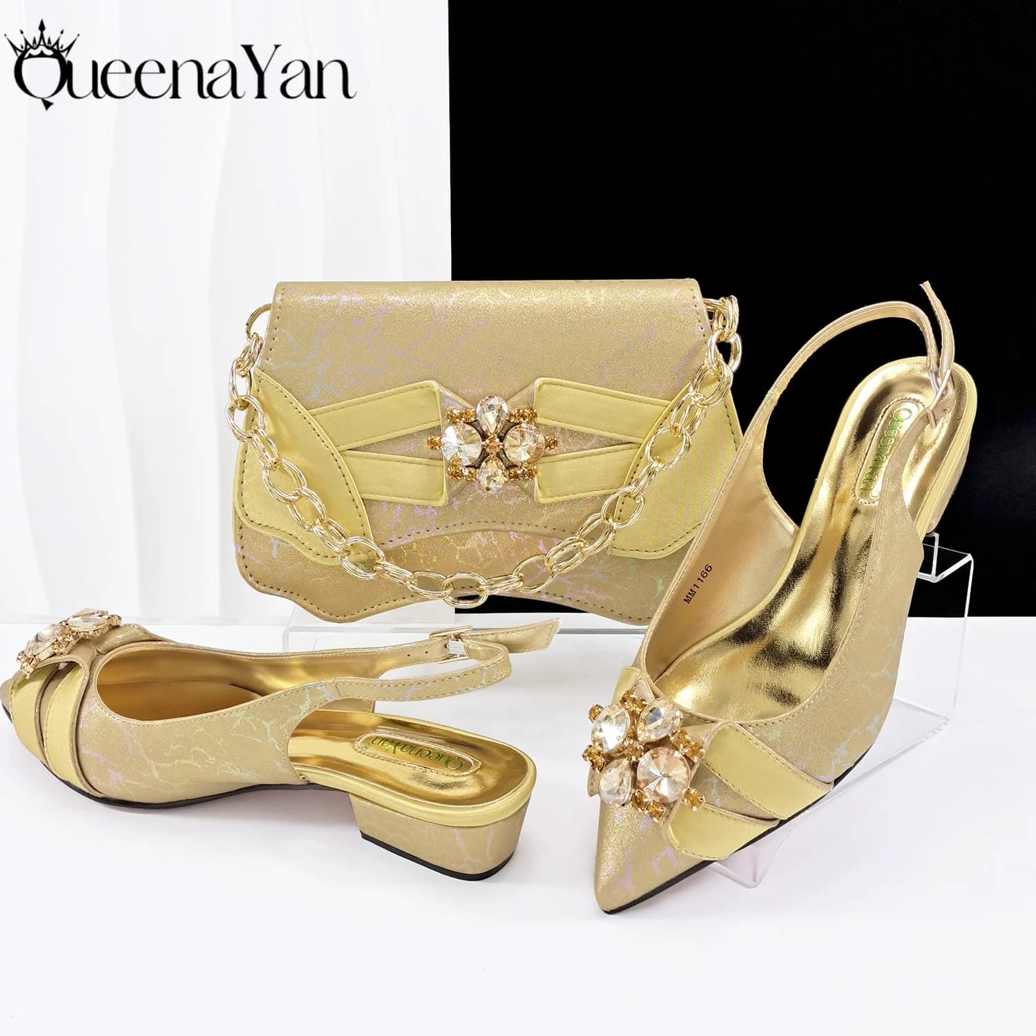 QueenaYan 2025 Nuova collezione estiva Eleganti scarpe e borse da donna italiane Set Tacchi bassi comodi color oro con strass