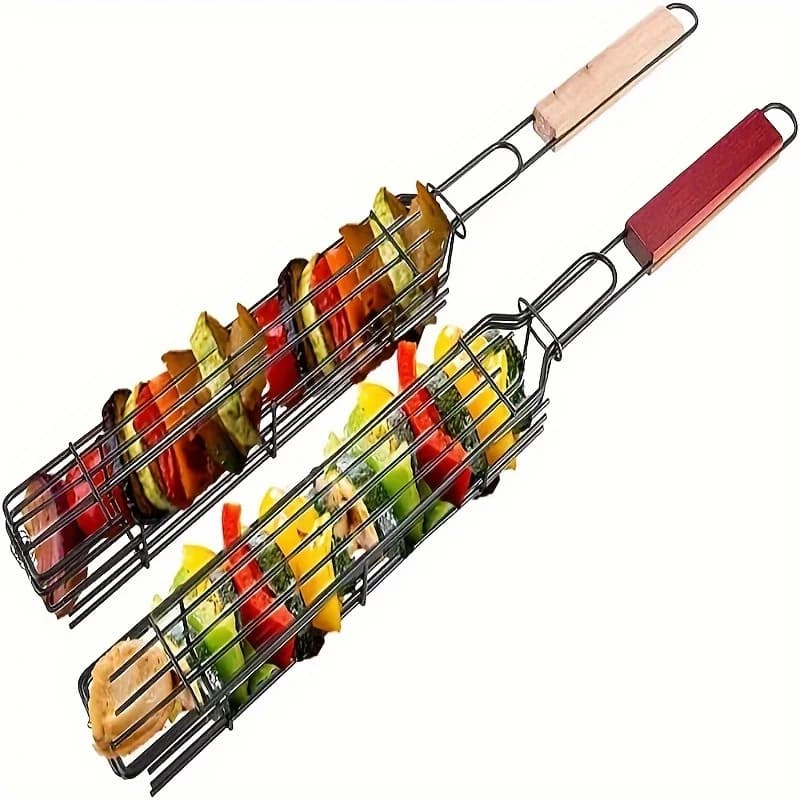 Non stick BBQ Basket with Wooden Handle - Portable Vegetable and Meat Metal Charcoal BBQ Tool