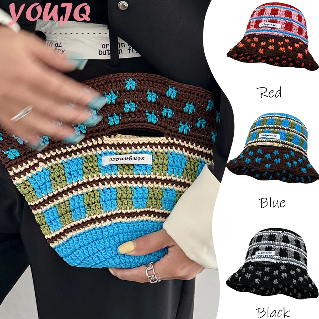 2in1Hat Bag Dual-purpose Handmade Knitted Bucket Cap for Women Spring Summer Sunscreen Sunshade Function Crochet Basin Hat Gorra