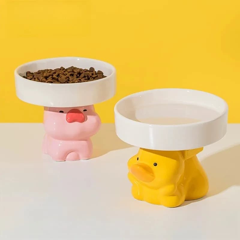 Cute Bear Pig Ceramic Pet Bowl, Raised Anti-Slip Cat Feeder, Anti-Tip Neck Protection Dish for Cat Dog Food Water, Pet Supplies